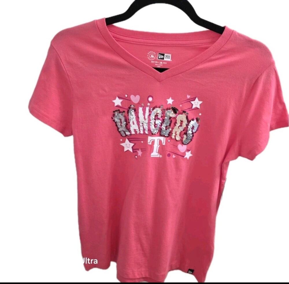 New ERA Texas‎ Rangers Pink Word Mark Flip Sequin T-Shirt Girls 14/16 NWOT fan